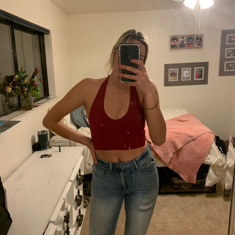 Dark red, over the shoulder top